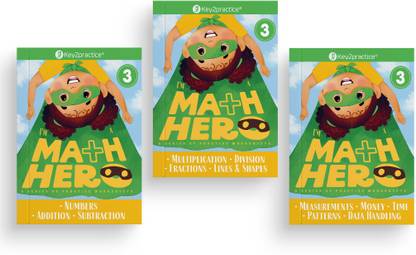 Key2Practice Maths Hero Workbook Class 3 (Set of 3) : Worksheets of Numbers, Addition, Subtraction, Multiplication, Division, Fractions, Lines and Shapes, Measurements, Money, Time, Patterns, Data