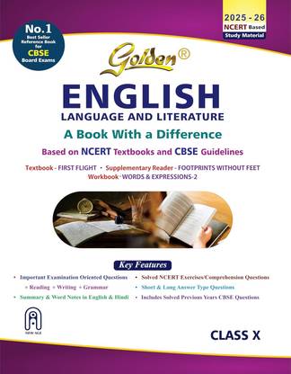 Golden English Language and Literature Study Material Based on NCERT First Flight and Footprints without Feet for Class-10 | For CBSE 2026 Board Exams | Solved NCERT Exercises | Previous Board Paper