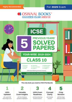 Icse 5 Previous Year Solved Papers Yearwise 2018-2023, Class-10, Physics, Chemistry, Maths, Biology, History and Civics, Geography, Hindi, English 1, English 2 (2024 Exam)