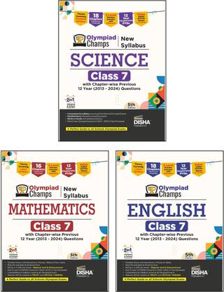 Disha Combo (3 books) Olympiad Champs Science, Mathematics, English Class 7 with Past Questions with Chapter-wise Previous 12 Year (2013 - 2024) Questions 5th Edition | 2026 Exam