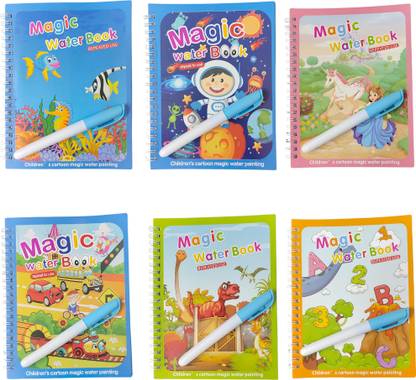 Water Magic Book, Reusable Colouring Book, Chunky-Size Water Pen for Kids, 6Pc