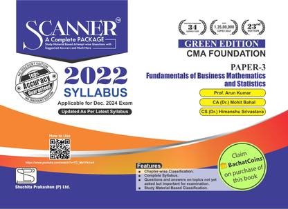 Scanner for Fundamentals of Business Mathematics and Statistics (Paper 3 | CMA Foundation) - Including questions and solutions | 2022 Syllabus | December 2024 Exam | Green Edition