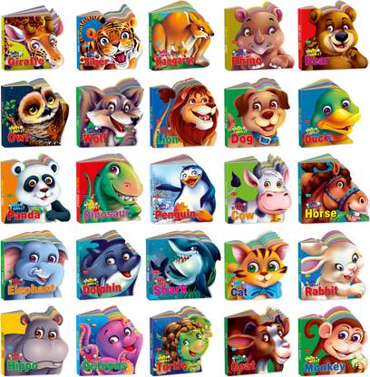 Giraffe,Tiger, Kangaroo, Rhinoceros, Bear, Owl, Wolf, Lion, Dog, Duck, Panda, Dinosaur, Penguin, Cow, Horse, Elephant, Dolphin, Shark, Cat, Rabbit, Hippo, Octopus, Turtle, Goat, Monkey die cut books for kids : Board books for kids, Die-cut board books for kids, Animals board books for kids | Set of 25 die cut board books for kids.