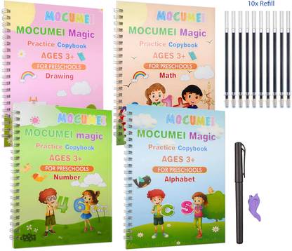 Magical Handwriting Workbooks Practice Copybook, Magic Calligraphy That Can Be Reused Handwriting Copybook Tracing Book (4x books + 1x Pens + 1x Grip + 10x Refill)