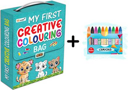 My first Creative colouring bag and 10 WAX CRAYONS : Educational colouring book set for kids, Coloring bundle for children, Kid's colouring book set, Colours, Numbers, Alphabet, Fruits & Vegetables, Jobs People Do, Shapes, Vehicles, Animals & Birds - Combo of colouring bag with 10 free crayons