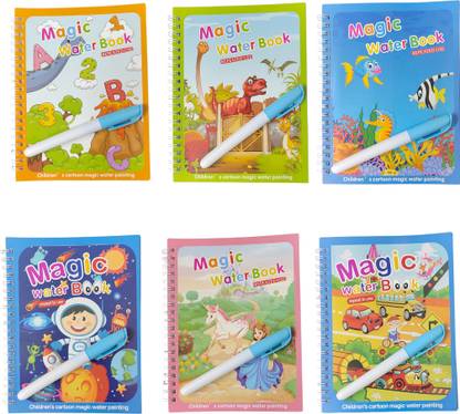 Water Magic Book Pack of 6, Reusable Colouring Book, 6 Book + 6 Pen