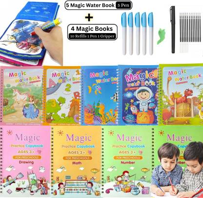 Sank Magic Practice Copybook with Water Magic Book, Quick Dry Painting and Learn Write Cursive Writing Extreme Fun and Enjoy with Drawing for Kids (5 Water Magic Book + 5 Pen With 4 Book + 10 Refill + 1 Pen + 1 Grip)