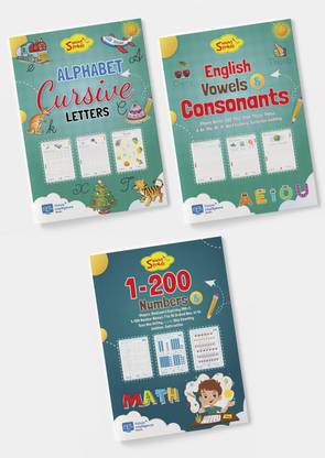 Shining Strokes Kids Learning Workbooks Set, Cursive Writing, English Vowels & Consonants, Numbers 1-200 with Math (Set of 3 Books) Educational Activity Books