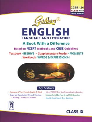 Golden English Language and Literature Study Material Based on NEW NCERT Beehive and Moments for Class-9 | For CBSE 2026 Board Exams | Solved NCERT Exercises | Previous Board Paper Solved