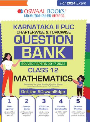 Oswaal Karnataka 2nd PUC Question Bank Class 12 Mathematics, Chapterwise & Topicwise Previous Solved Papers (2017-2023) for Board Exams 2024