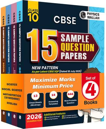 Pw Cbse Class 10 Sample Papers Combo Set (Science, Maths STD, English, Social Science) ?for 2025 - 2026 Board Exam | 15 New-Pattern Papers Per Subject + 111 Most Probable Question | Solved & Unsolved?