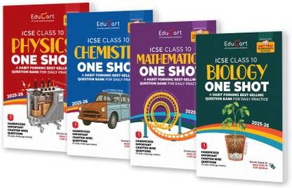 Educart ICSE Class 10 One Shot Question Bank 2026 | Physics, Chemistry, Mathematics and Biology (Set of 4 Books) For 2025-26 Exam