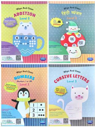 Wipe and Clean Addition, Numbers 1-100, Cursive Letters, Hindi Vyanjan (Level 3)