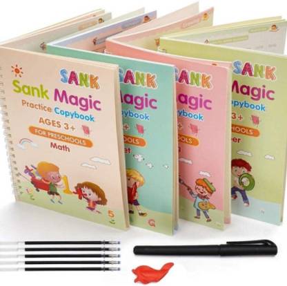 Sank Magic Practice Copybook (4 BOOKS,2 PEN,2 GRIP,10 REFILL), Number Tracing Book For Preschoolers With Pen, Magic Calligraphy Copybook Set Practical Reusable Writing  - SANK MAGIC BOOK, REUSABLE BOOK, CURSIVE WRITING, CALLGRAPHY, 4BOOKS+1 PEN+ 10 REFILLS+ 1GRIPER with 4 Disc