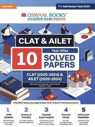 Oswaal CLAT & AILET 10 Previous Years Solved Papers - Year-Wise CLAT (2020 -2024) & AILET (2020 - 2024) For Admission Test 2025