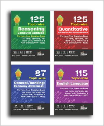 Combo (set of 4 Books) 125 Topic-wise Reasoning/ Quantitative Aptitude/ English/ General Awareness Solved Papers for IBPS/ SBI/ RRB/ RBI Bank Clerk/ PO Prelim & Main Exams (2010 - 25) 9th Edition