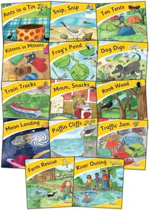 Jolly Phonics Little Word Books  - Group 1 - Ants in a Tin, Snip - Snip
Group 2 - Ten Tents, Kittens in Mittens
Group 3 - Frog's Pond, Dog Digs
Group 4 - Train Tracks, Mmm - Snacks
Group 5 - Rook Wood, Moon Landing
Group 6 - Puffin Cliffs, Traffic Jam
Group 7 - Farm Rescue, River Outing