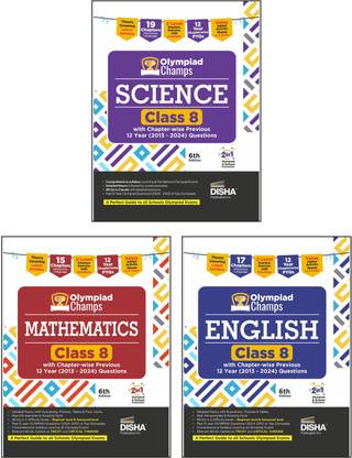 Disha Combo (3 books) Olympiad Champs Science, Mathematics, English Class 8 with Past 12 Year Questions with Chapter-wise Previous 12 Year (2013 - 2024) Questions 6th Edition | 2026 Exam