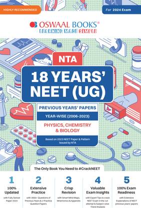 Oswaal NEET (UG) 18 Years' Solved Papers 2006-2021, Physics, Chemistry & Biology (For 2024 Exam)