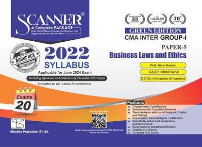 Business Laws and Ethics (Paper 5 | CMA Intermediate | Gr. I) Scanner - Including questions and solutions | 2022 Syllabus | Applicable for June 2024 Exam Onwards | Green Edition