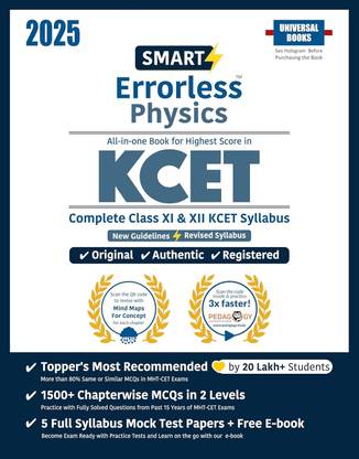Smart Errorless Physics KCET 2025 | Class 11 & 12 Syllabus | Chapterwise + PYQ in 2 Level | 5 Mock Test Papers | Latest KCET Exam Pattern | Universal Books