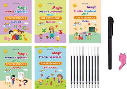 Magic Practice Copybook , (5 BOOK + 10 REFILL+ 1 Pen +1 Grip) English & Hindi  - SANK Magic Practice Copybook, Number Tracing Book For Preschoolers With Pen, Magic Calligraphy Copybook Set Practical Reusable Writing Tool Simple Hand Lettering