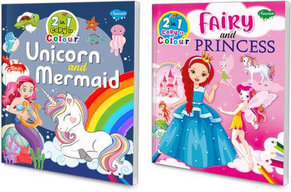 Unicorn & Mermaid and Fairy & Princess copy to colour book for kids : Copy colour book, Princess colouring book, Colouring book for kids | 2 in 1 copy colouring book.