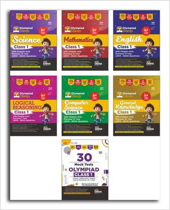 Combo Class 1 (set of 7 books) Olympiad Champs Science, Mathematics, English, Logical Reasoning, Computer Science (Cyber) & GK with 30Mock Tests 4th Edition
