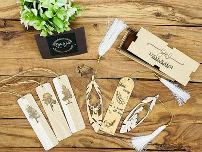 STASH HOUSE Wooden Bookmarks Set of 6 | Bookmark with Custom Messages Handcrafted Wooden Box Wooden Bookmark