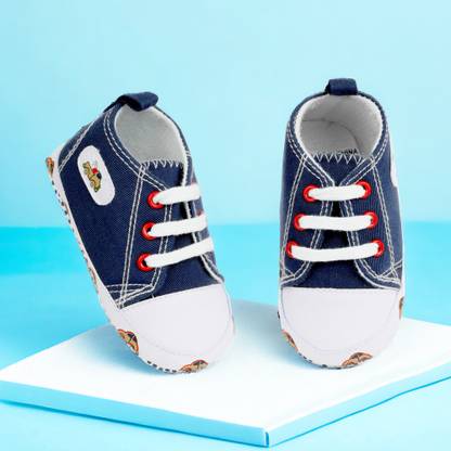 Baby Moo Car Printed Lace-Up Design Anti-Skid Denim Sneakers - Blue, White Booties