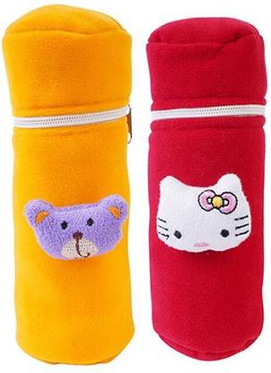 MW PRINTS Soft Plush Stretchable Baby Feeding Bottle Cover Easy to Hold Strap and Zip | Suitable for 130 ML-250 ML Feeding Bottle-Orange-Dark Red
