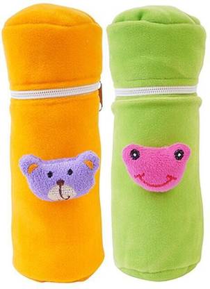 MW PRINTS Soft Plush Stretchable Baby Feeding Bottle Cover Easy to Hold Strap and Zip | Suitable for 130 ML-250 ML Feeding Bottle-Orange-Green