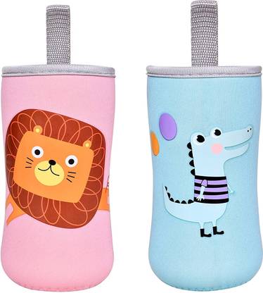 The Little Lookers Cute Animated Patterned Soft Stretchable Baby Feeding Bottle Cover with Easy to Hold Strap for 120ml, 150ml, 240ml (Dinosaur & Lion, Pack of 2)