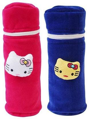 MW PRINTS Soft Plush Stretchable Baby Feeding Bottle Cover Easy to Hold Strap and Zip | Suitable for 130 ML-250 ML Feeding Bottle-Dark Pink-Dark Blue