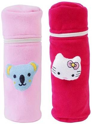 MW PRINTS Soft Plush Stretchable Baby Feeding Bottle Cover Easy to Hold Strap and Zip | Suitable for 130 ML-250 ML Feeding Bottle-Dark Pink-Light Pink