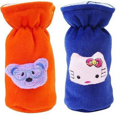 Da Anushi Soft Plush Stretchable Baby Feeding Bottle Cover Easy to Hold Strap With Cute Animated Cartoon|Suitable for 60-125 Ml Feeding Bottle(Orange-Dark Blue)