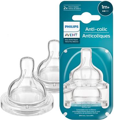 Philips Avent Anti-Colic Teat SCY762/02 | 1m+ age | Flow 2 | BPA free | Pack of 2 Slow Flow Nipple