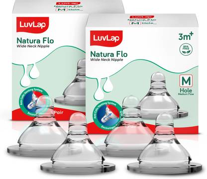 LuvLap Anti-Colic Natura Flo Teat/Nipple for Wide Neck Bottle, 4pcs, 3m+ Medium Flow Nipple