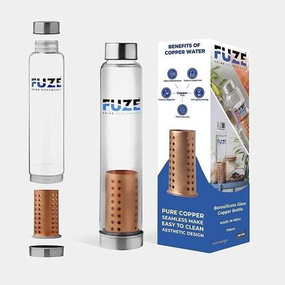FUZE Borosilicate Glass Bottle with Removable Copper Filter. 700 ml Glass Bottle