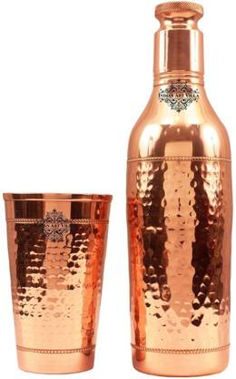 IndianArtVilla Copper Hammered Set of 1 Big Small Cocktail Bottle with 1 Glass 1900 ml Bottle