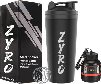 ZYRO Stainless Steel Gym Shaker with Protein Funnel & mixer ball, LeakProof,BPA Free 750 ml Shaker