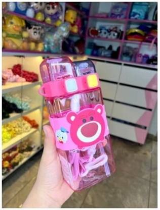 Olsic Transparent Square Shape Water Bottle with Double Sided Straw strap 600 ml Bottle