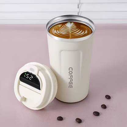digicool LED Display Coffee Mug, Stainless Steel, Vacuum Insulated, Office, Travel, Car 510 ml Steel, PET, Silicone Sipper