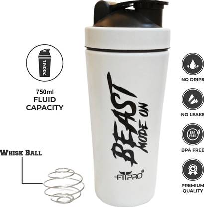 FitPro PREMIUM WHITE STAINLESS STEEL GYM SHAKER BOTTLE WITH MIXING BALL 100% LEAKPROOF 750 ml Shaker