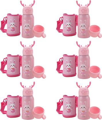 KUBER INDUSTRIES Bunny Design Stainless Steel Flask with Straw,Cup & Fabric Cover|Pack of 6 500 ml Steel Sipper