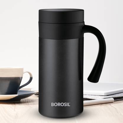 BOROSIL Caf� Time Stainless Steel Vacuum Insulated Mug, 10 Hrs Hot & Cold Flask, Black 400 ml Flask