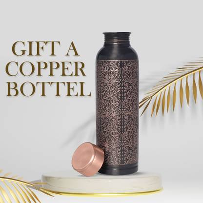 decorative india Premium Copper Carving Water Bottle With Black Antique Design Glossy Finish 1000 ml Copper Bottle