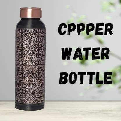 decorative india Water Bottle With Black Antique Design Glossy Finish 1000Ml Bottle - Brown 1000 ml Copper Bottle