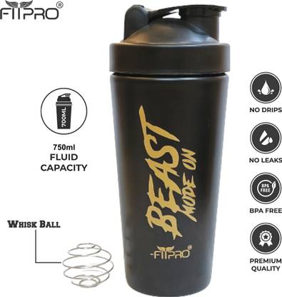 FitPro PREMIUM STAINLESS STEEL BLACK SHAKER WITH MIXING BALL 100% leakproof 750 ml Shaker