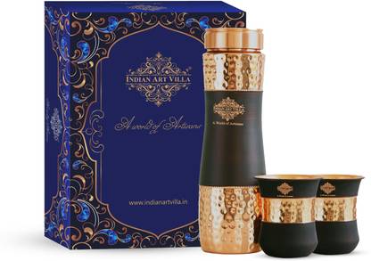 IndianArtVilla (IAV-DGS-160-Black)Copper Drinkware Set of 2 Glass&1 Bottle in Black Silk Finish 900 ml Bottle With Drinking Glass